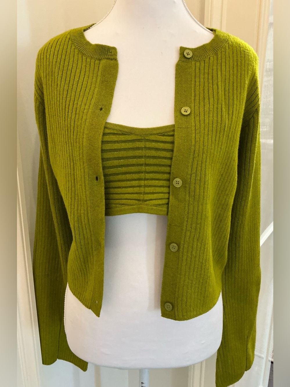 Wild fable - Olive Green Ribbed Cardigan with Matching Cropped Tank